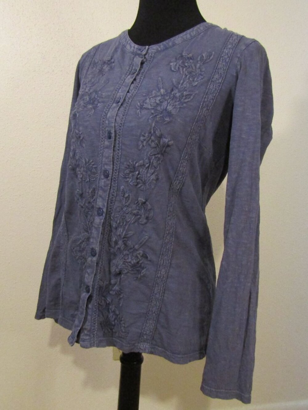 Distressed Denim-blue Button-up with Embroidery